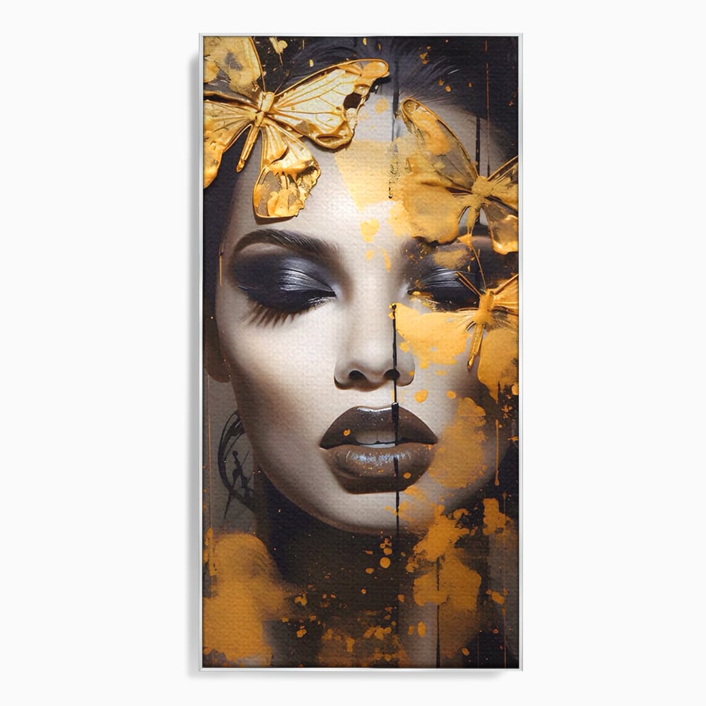 Tablou canvas cu tablou canvas cu portret de femeie si fluturi, in rama de aluminiu argintiu